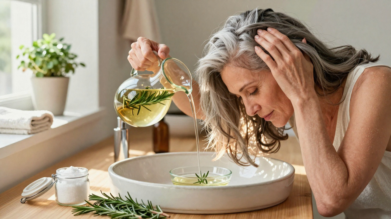 Mulher a despejar óleo aromatizado num recipiente para cuidado facial num ambiente calmo e natural.
