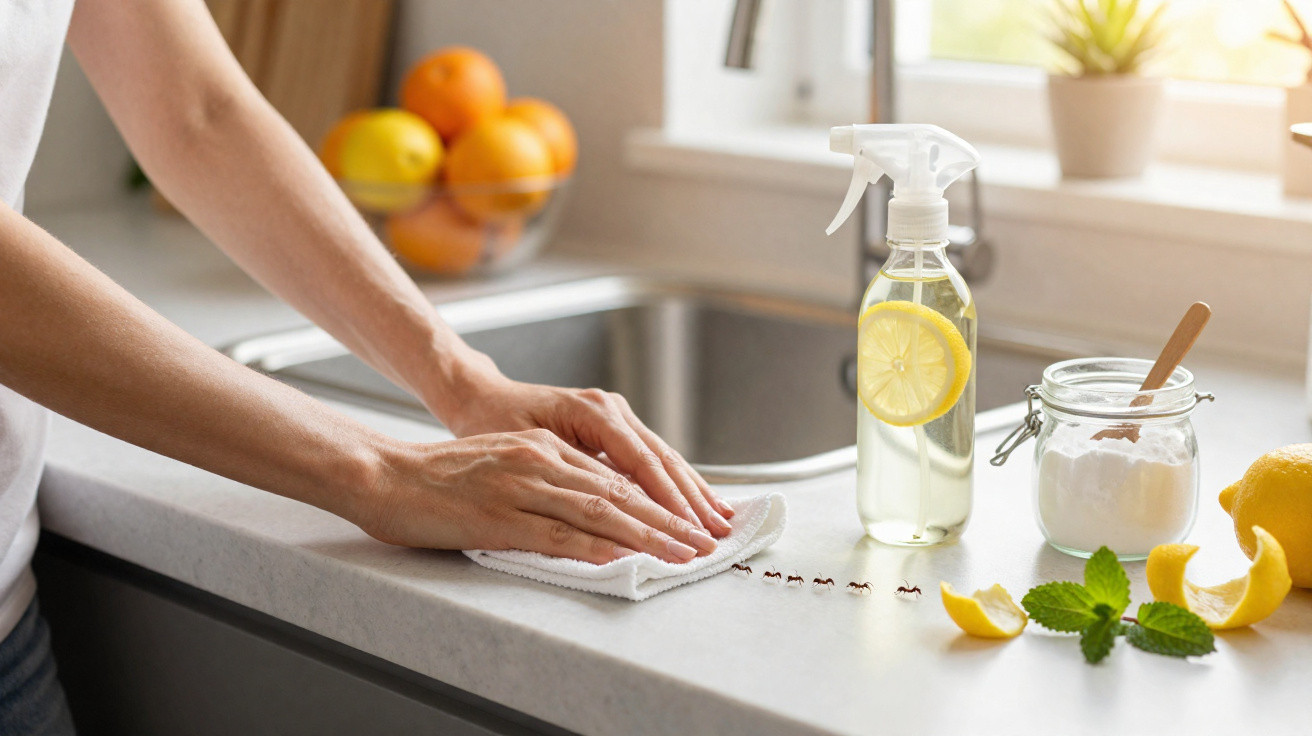 Mãos a limpar bancada de cozinha com pano perto de spray caseiro, formigas, limão e bicarbonato.