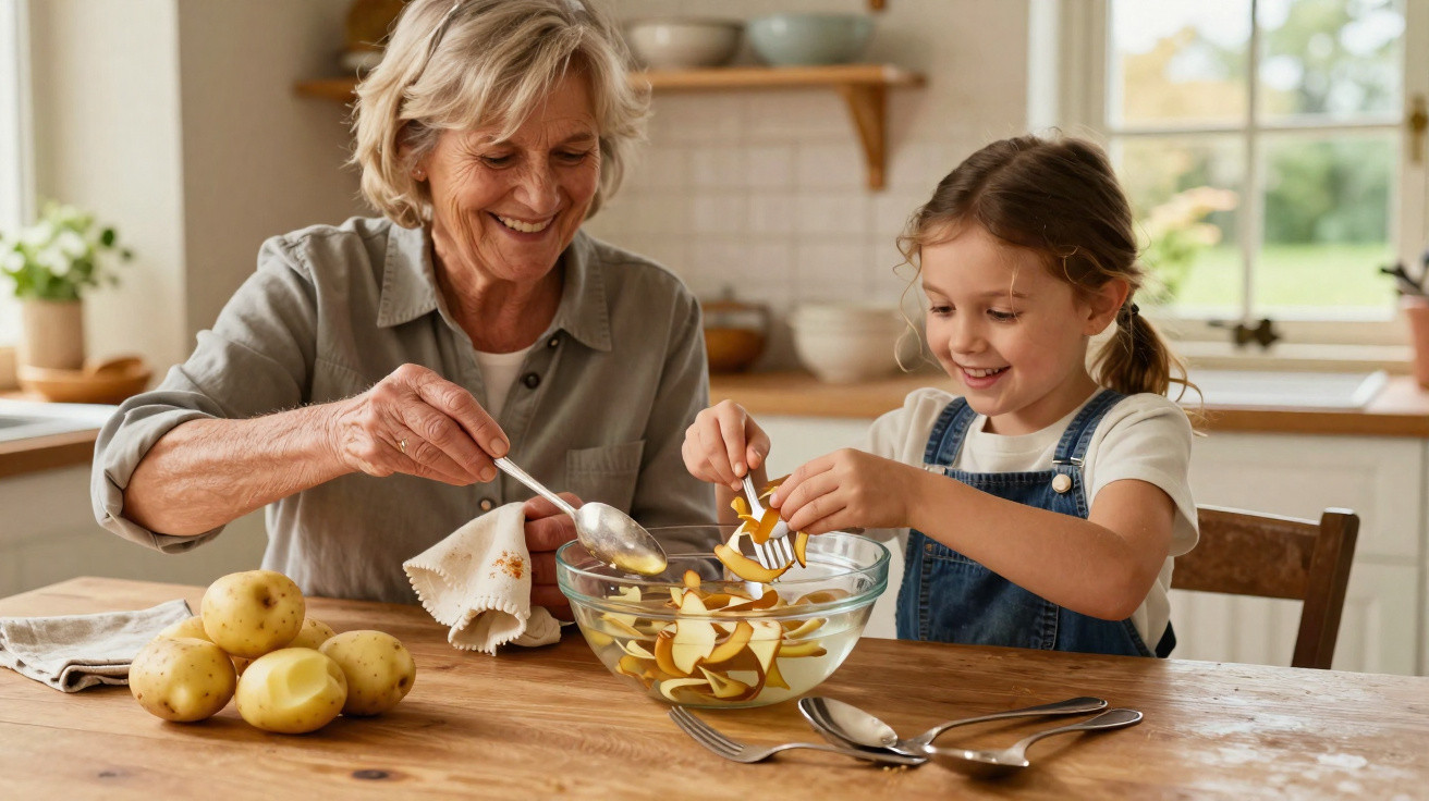 Avó e neta a cortar batatas numa cozinha luminosa, sorrindo enquanto preparam a refeição juntas.