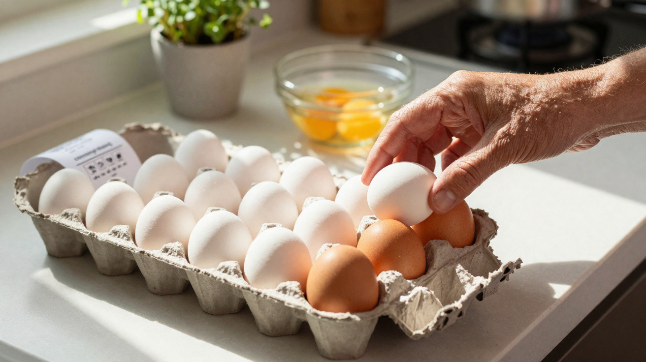 Mão a apanhar ovo branco numa embalagem com ovos brancos e castanhos na cozinha iluminada a luz natural.