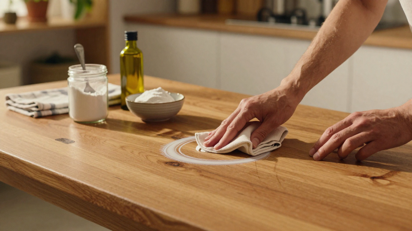 Mãos a limpar nódoa branca numa mesa de madeira com pano na cozinha moderna com óleo e farinha.