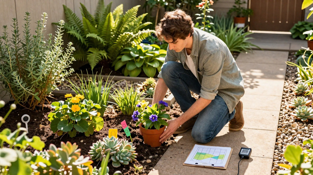 Homem jovem a cuidar de plantas com flores num jardim, ao ar livre, num dia ensolarado.