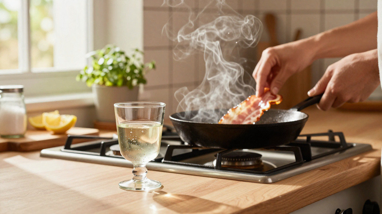 Dupla mãos a cozinhar bacon numa frigideira a gás com copo de água sobre bancada de madeira.