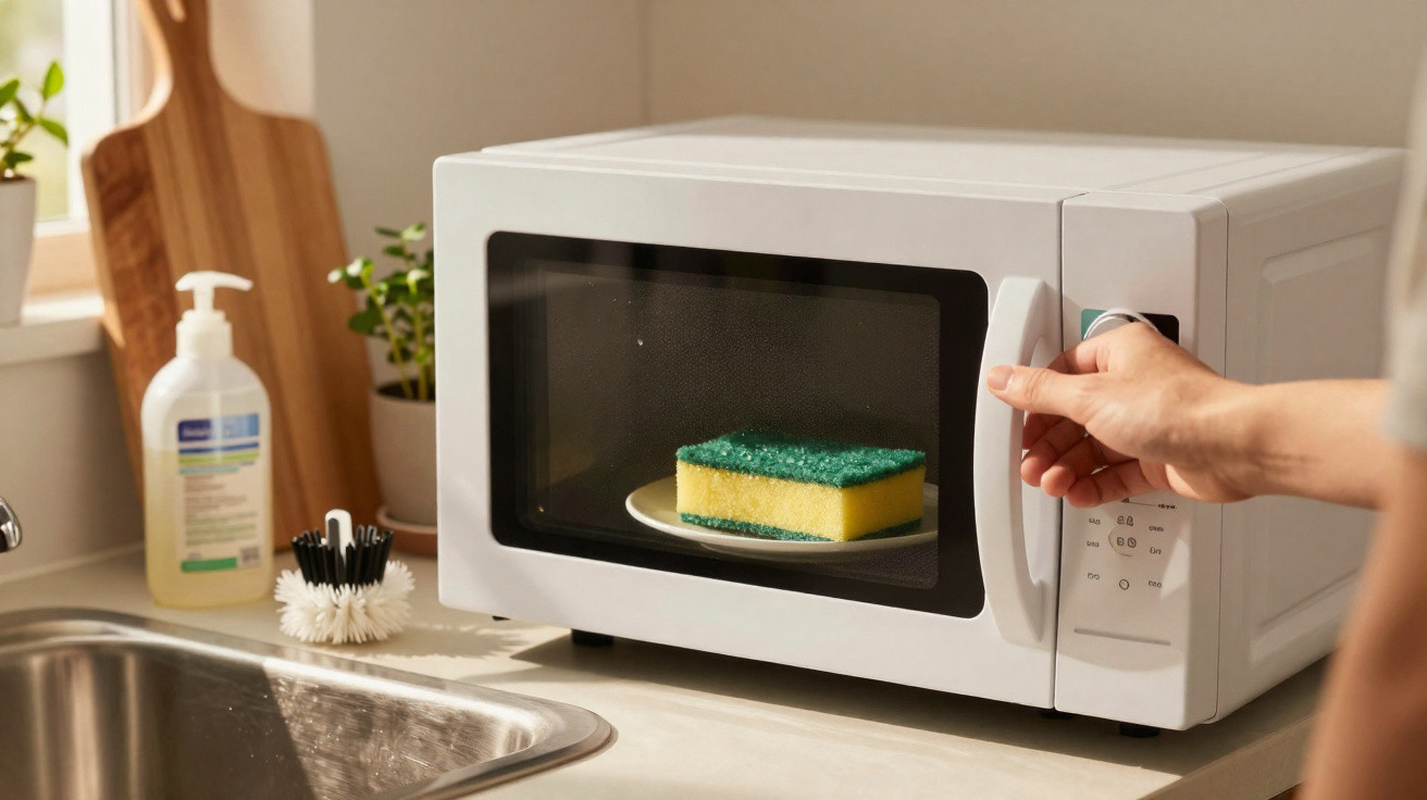 Micro-ondas branco na cozinha com uma esponja de limpeza num prato e mão a girar o botão.