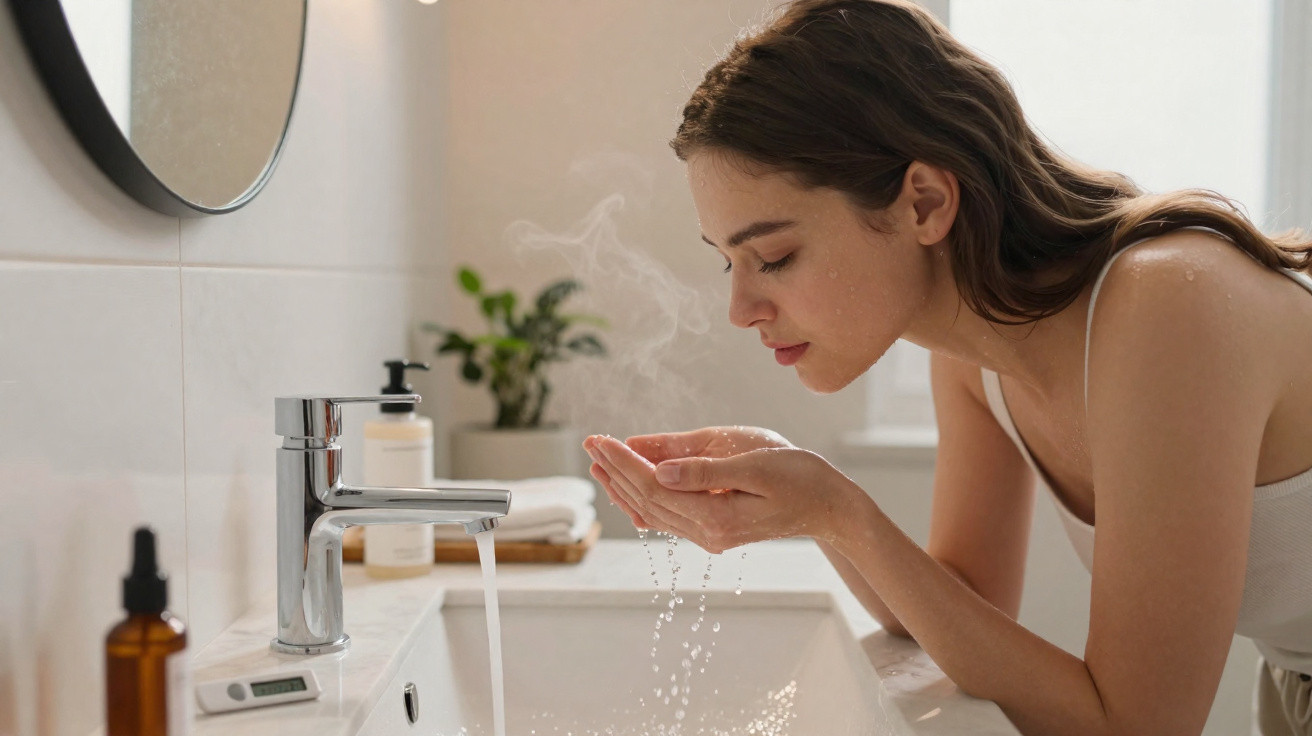 Mulher jovem a lavar o rosto com água quente numa casa de banho moderna e luminosa.