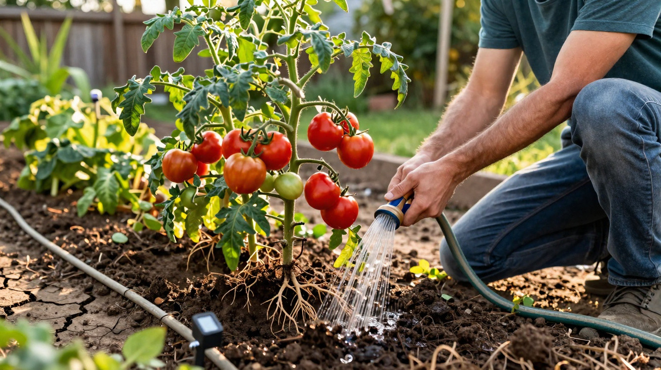 Pessoa a regar planta de tomateiros com frutos maduros num jardim ao ar livre.