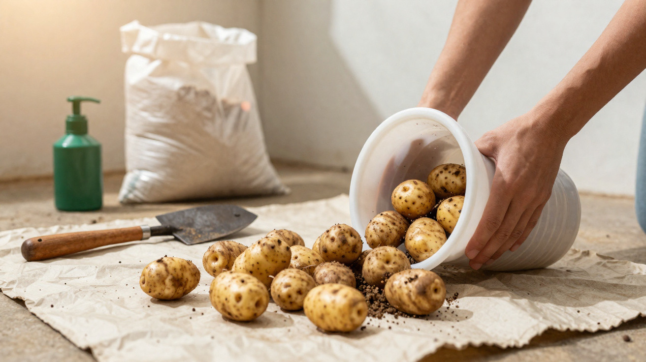 Mãos a despejar batatas de um vaso branco sobre papel com pá, saco de terra e frasco verde ao fundo.