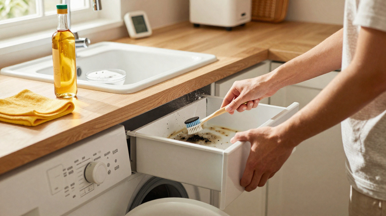 Pessoa a limpar o dispensador de detergente da máquina de lavar roupa com uma escova na cozinha.