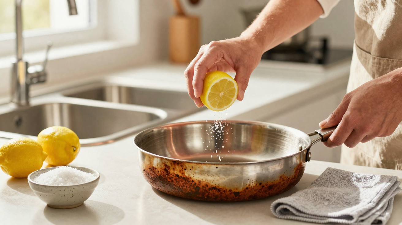 Pessoa a temperar uma frigideira com limão e sal numa cozinha moderna e bem iluminada.