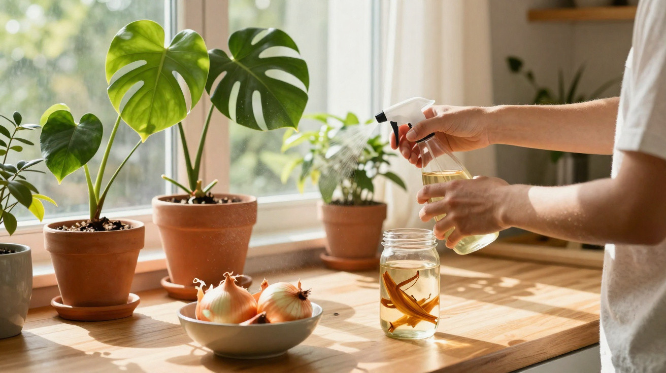 Pessoa borrifando água em plantas verdes junto a janela com luz natural numa cozinha iluminada