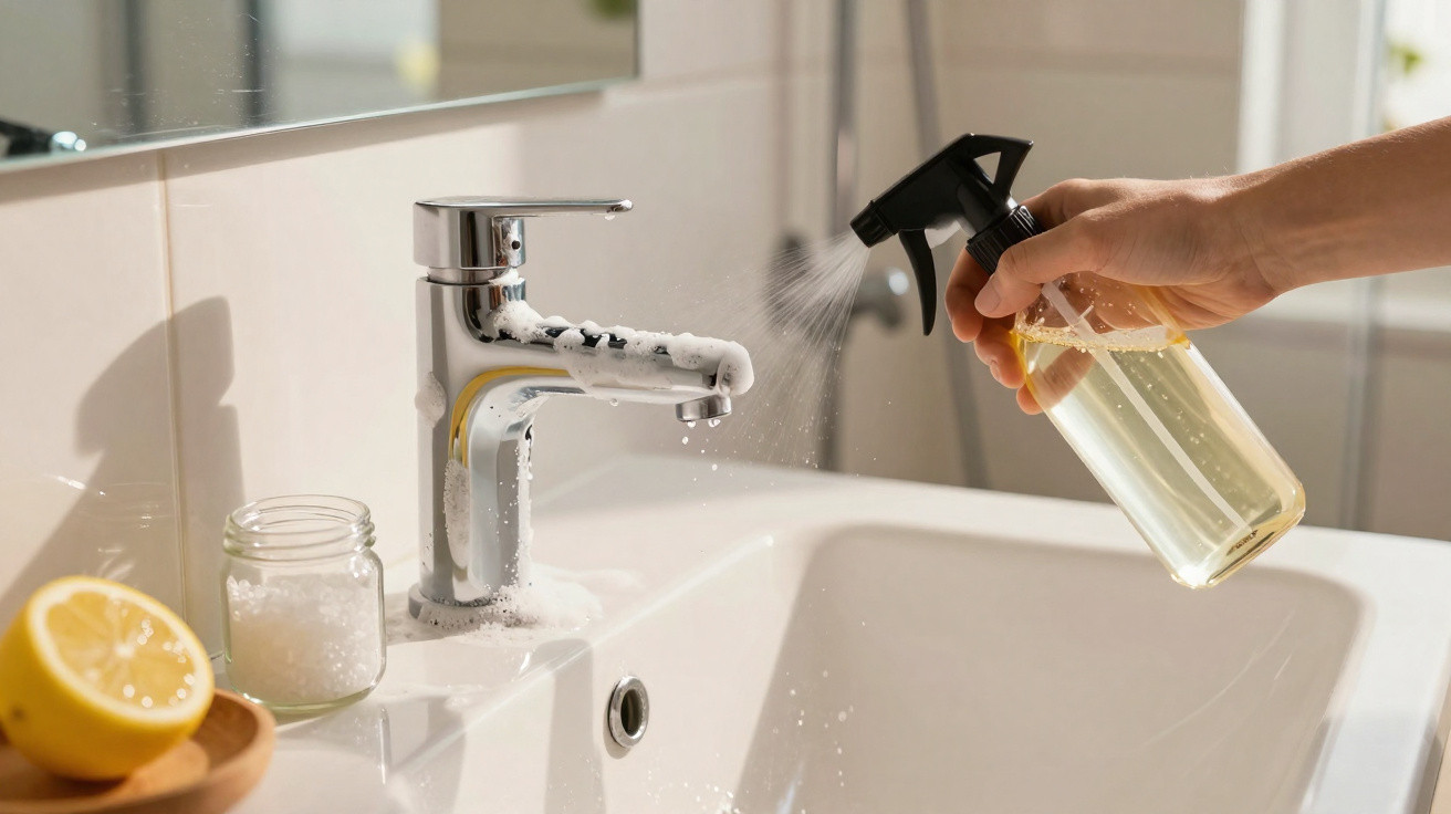 Mão a borrifar produto de limpeza num lavatório branco com torneira cromada e espuma nas torneiras.