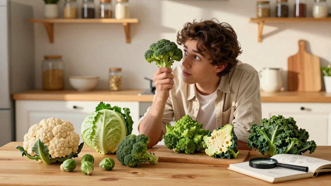 Jovem com legumes verdes variados numa cozinha, segurando um ramo de brócolos em frente a si.