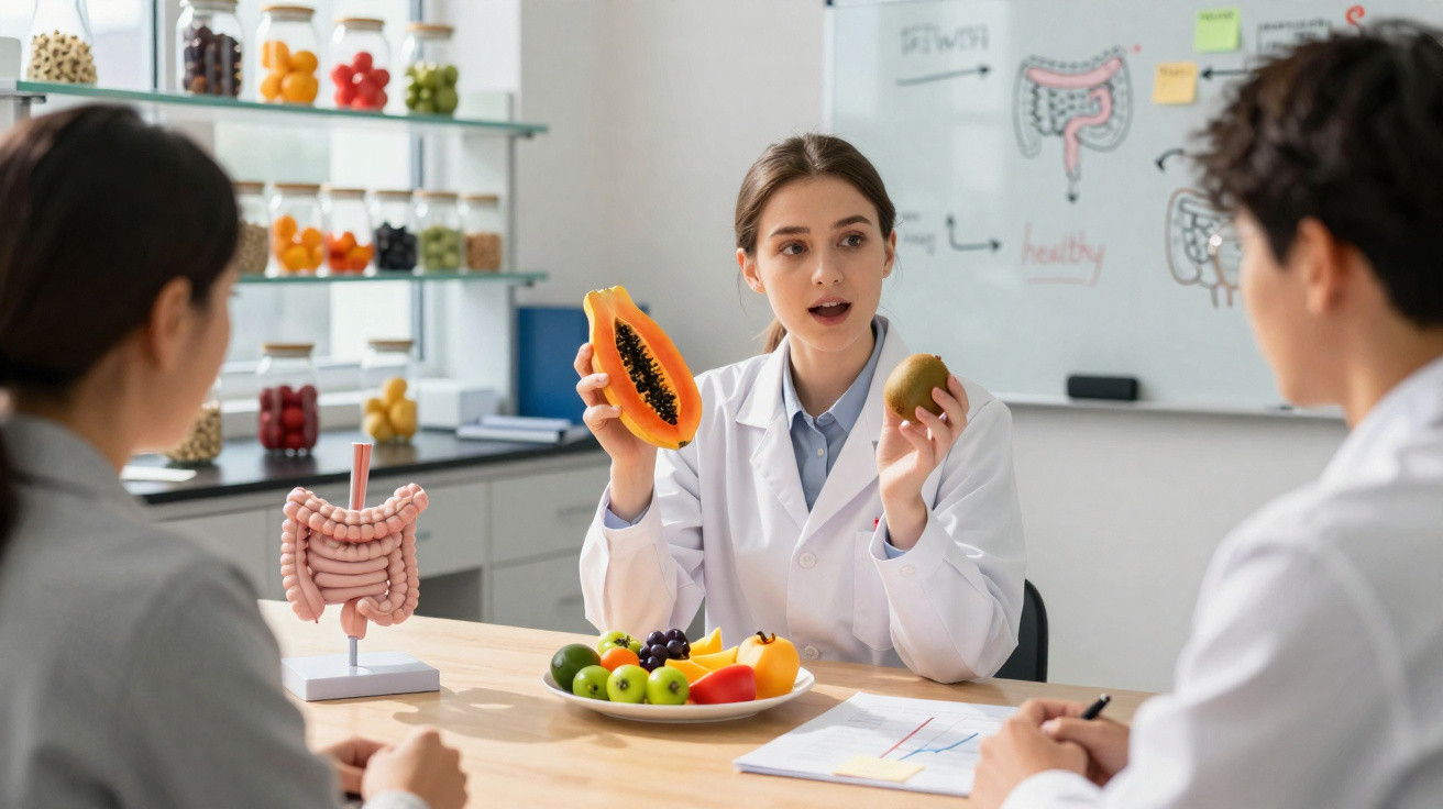Nutricionista a explicar os benefícios da fruta para a saúde intestinal a dois pacientes.