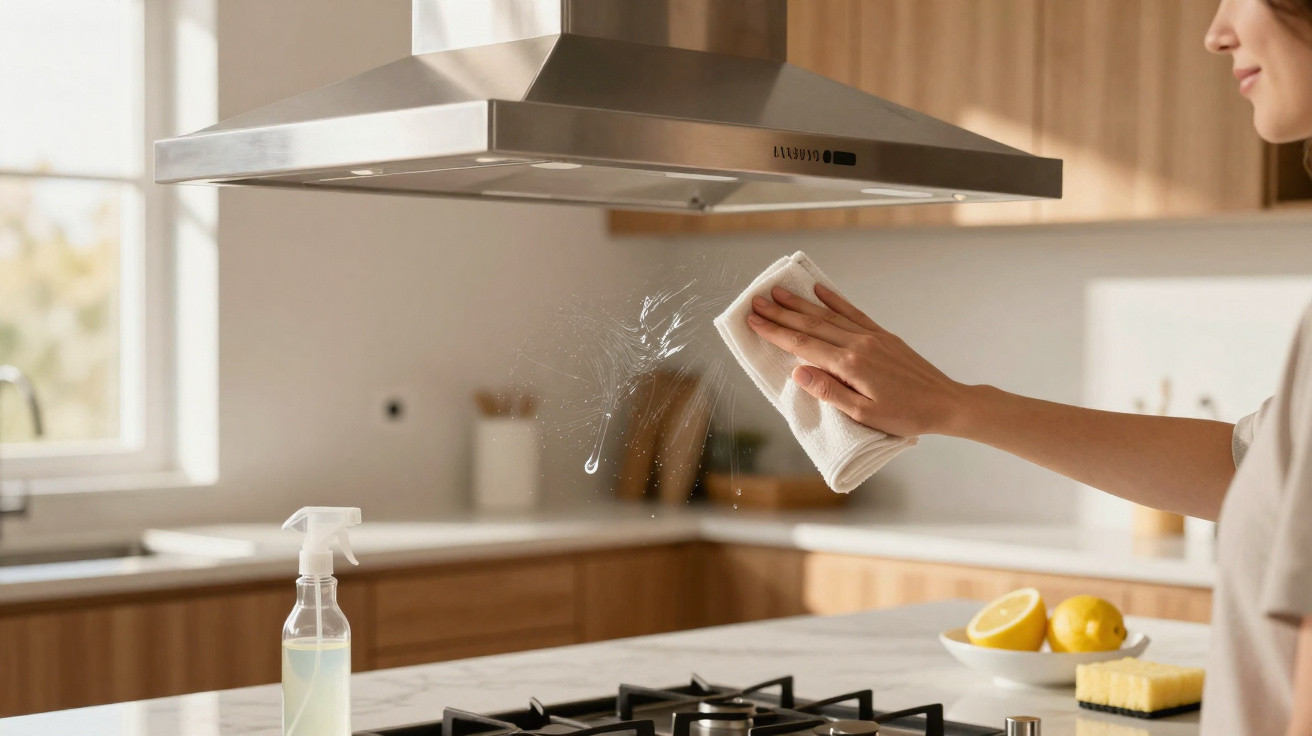 Pessoa a limpar o exaustor metálico da cozinha com um pano branco e spray de limpeza à mesa.