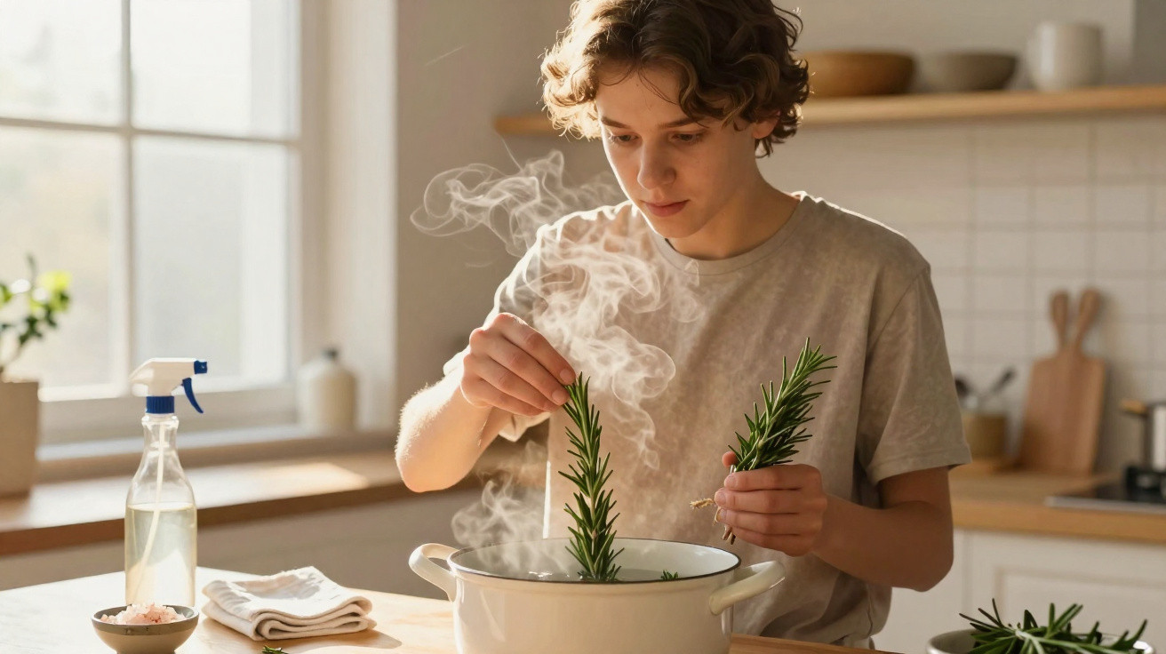Pessoa a cozinhar na cozinha, coloca raminhos de alecrim num tacho com vapor.