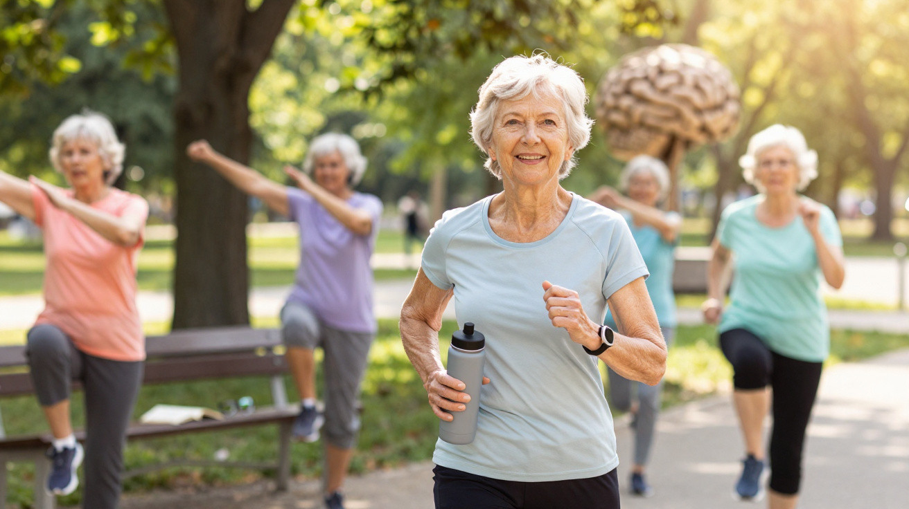 Senhora sénior a correr com grupo de mulheres a fazer exercícios de alongamento num parque ensolarado.