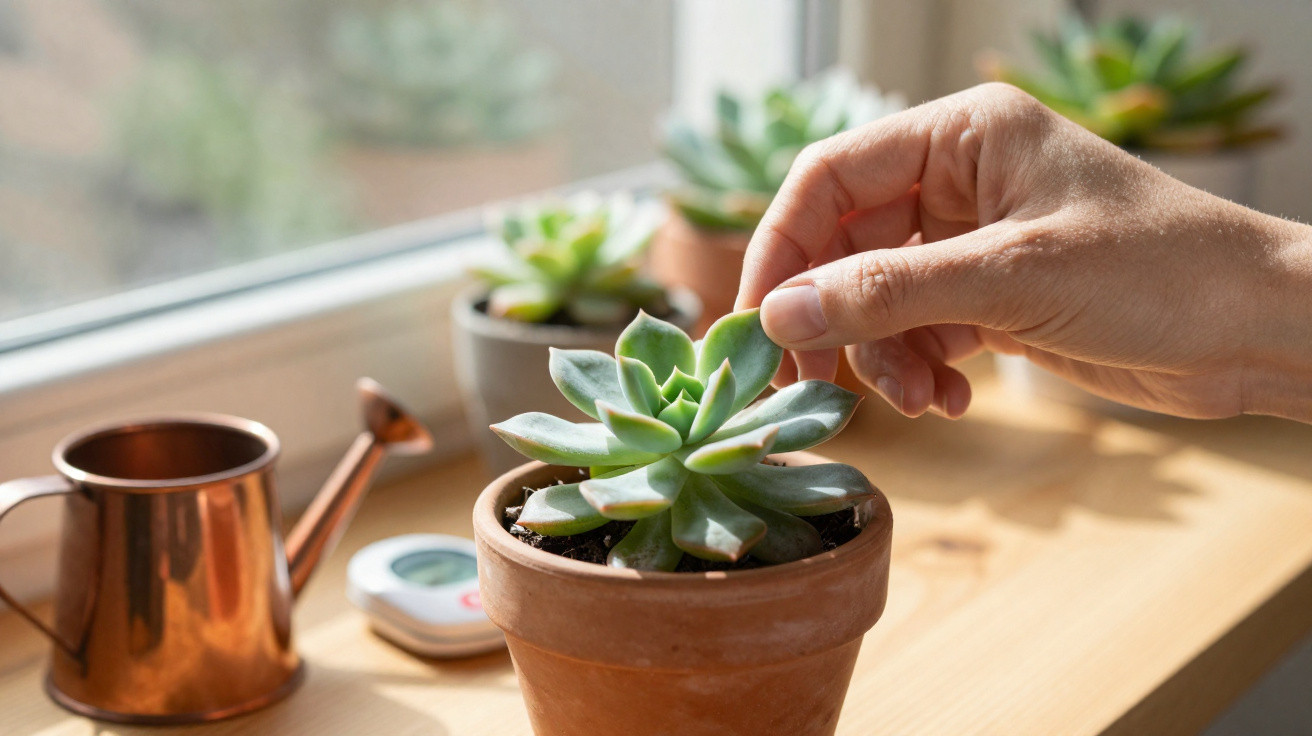 Mão a cuidar de suculenta em vaso de barro numa janela com regador e plantas ao fundo.