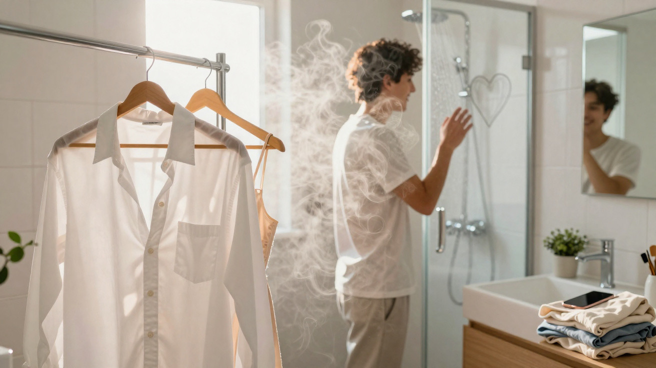 Camisa branca e roupa penduradas a secar enquanto um homem cria vapor no chuveiro numa casa de banho iluminada.
