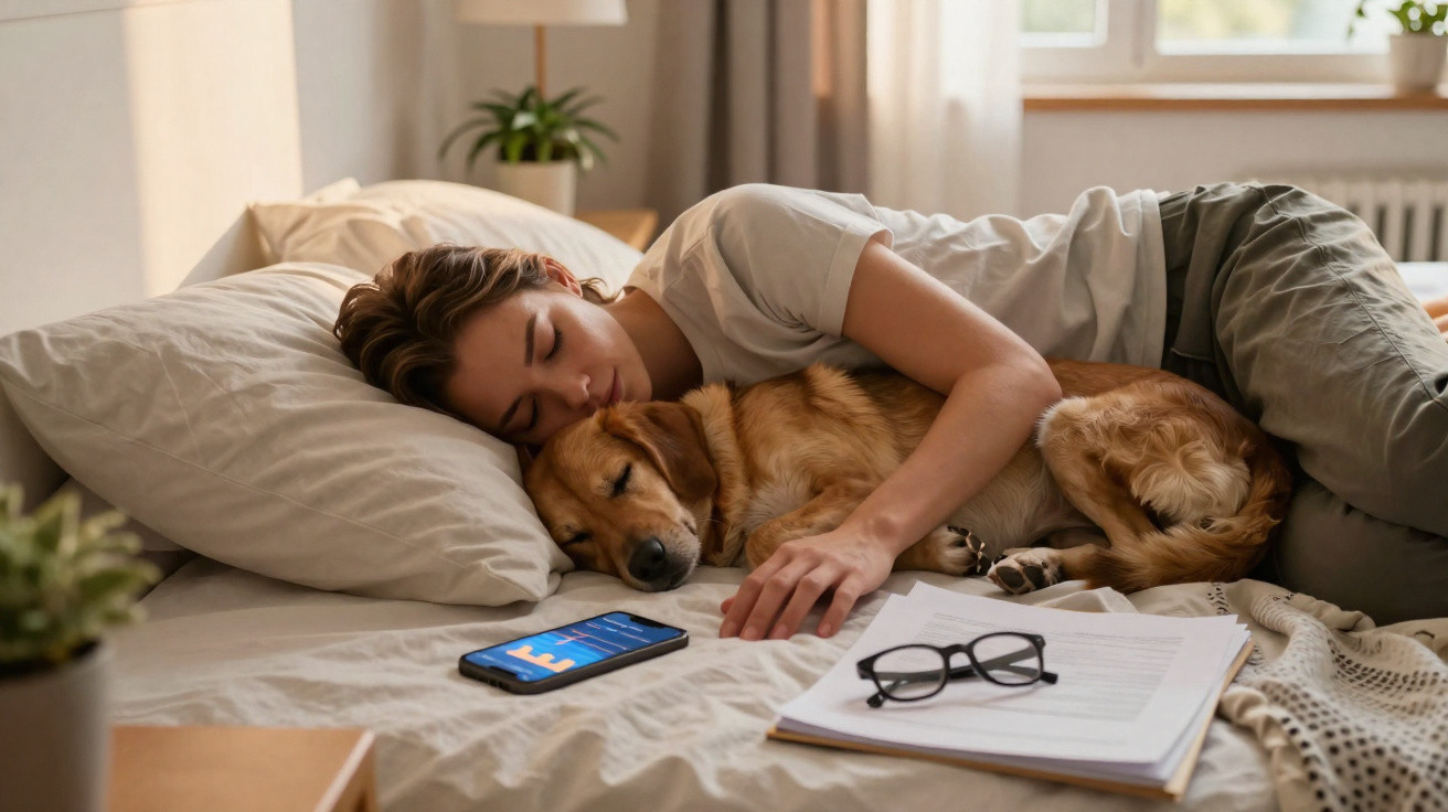 Pessoa a dormir abraçada a um cão numa cama, com telemóvel e papeis à sua frente.