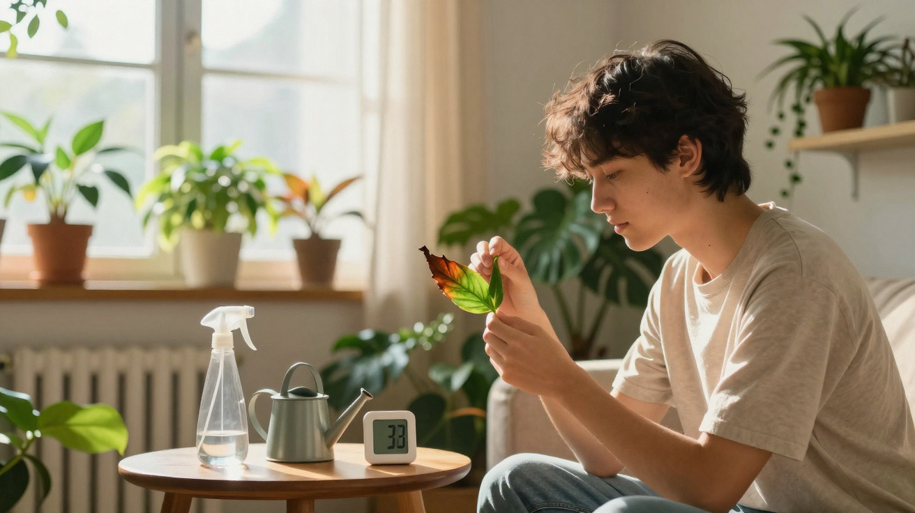 Jovem sentado a observar uma folha com plantas e regadores numa mesa iluminada por luz natural.
