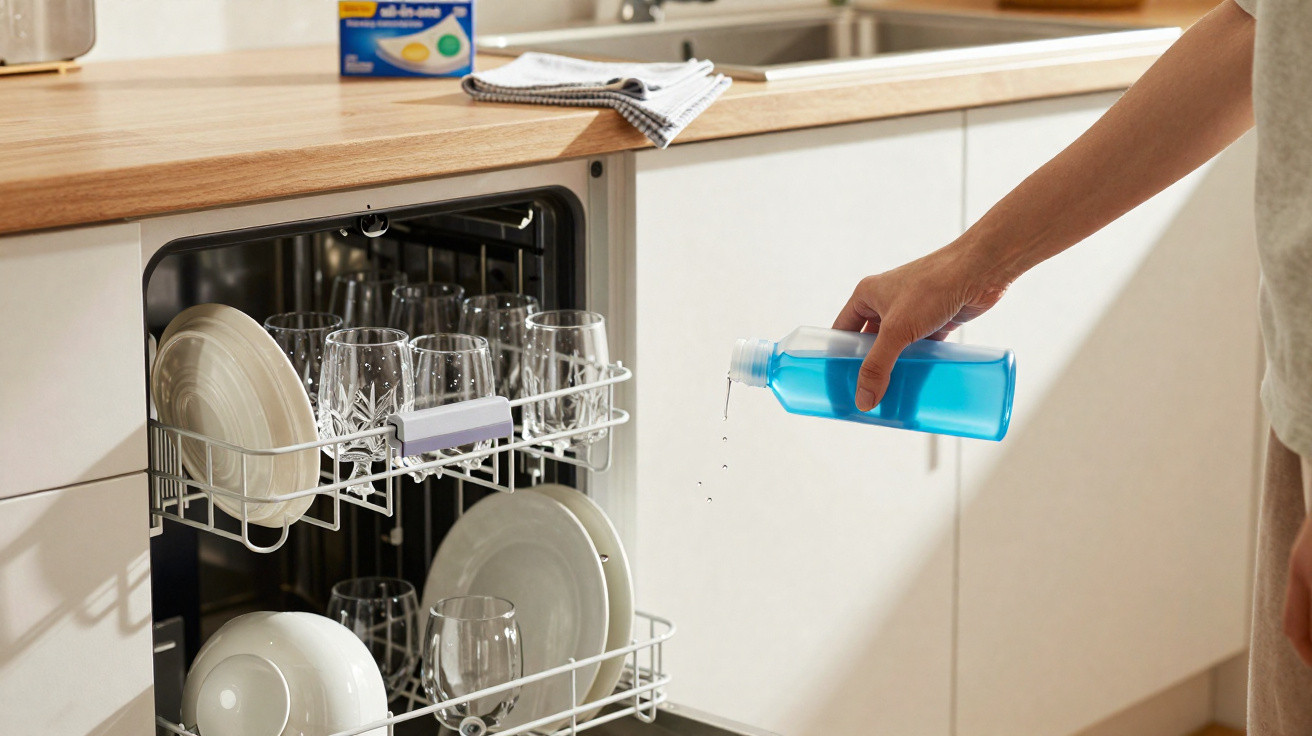 Pessoa a verter detergente azul em máquina de lavar loiça cheia de pratos e copos numa cozinha moderna.