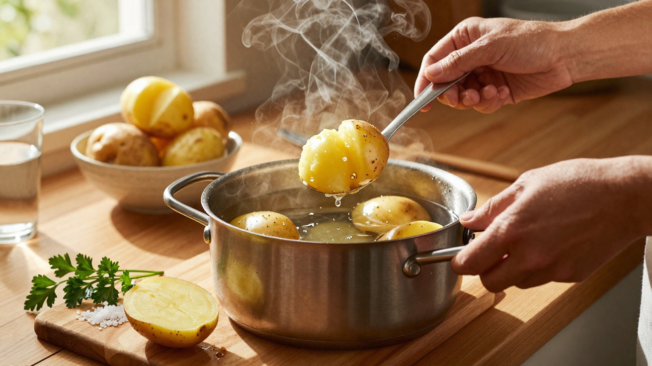 Mãos a retirar batata a vapor quente de panela numa cozinha iluminada, com especiarias e mais batatas ao lado.