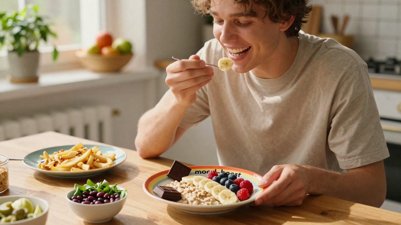 Jovem sorridente a comer taça de frutas, cereais e chocolate num ambiente de cozinha luminosa.