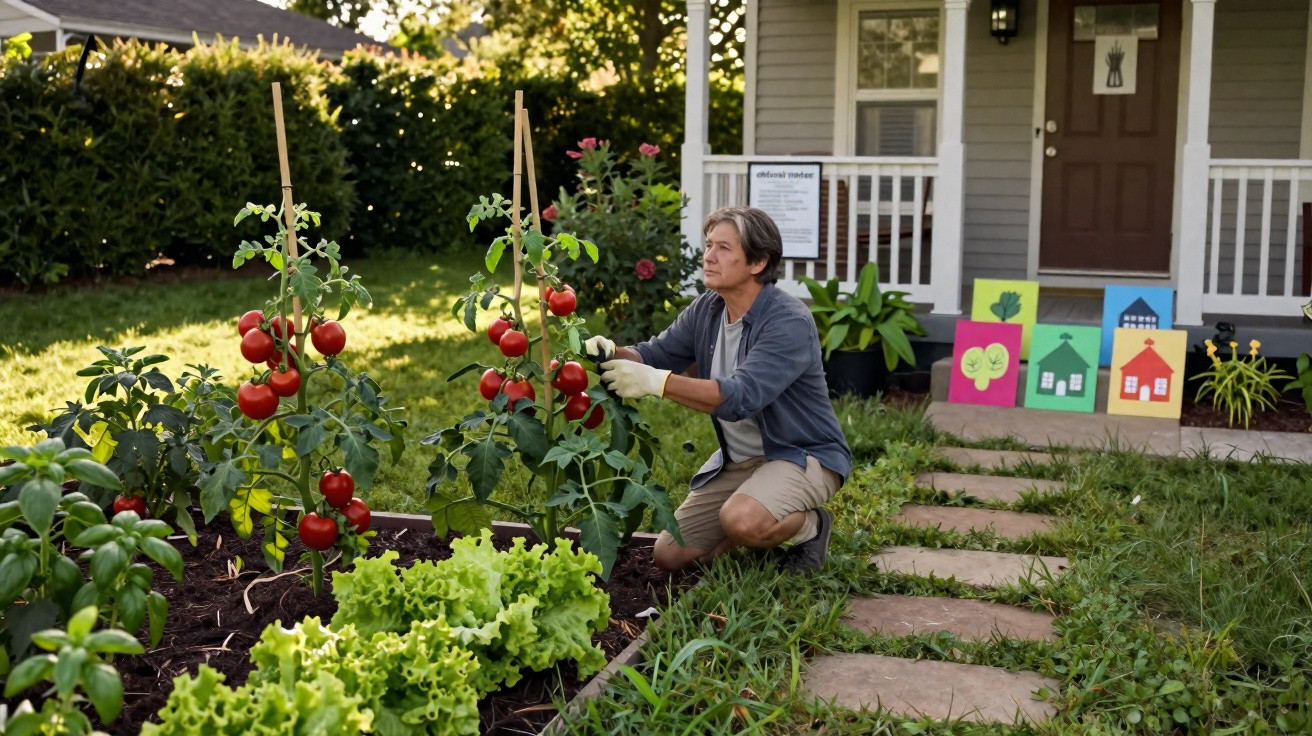 Pessoa a cuidar de plantas de tomate num jardim em frente a uma casa com canteiros de alface e ervas aromáticas.