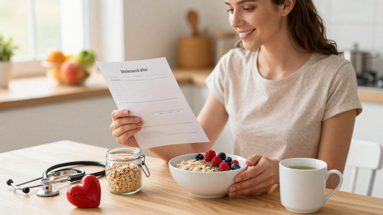 Mulher sorridente lê folha sentada à mesa com tigela de fruta, chá, jarro de aveia e estetoscópio.