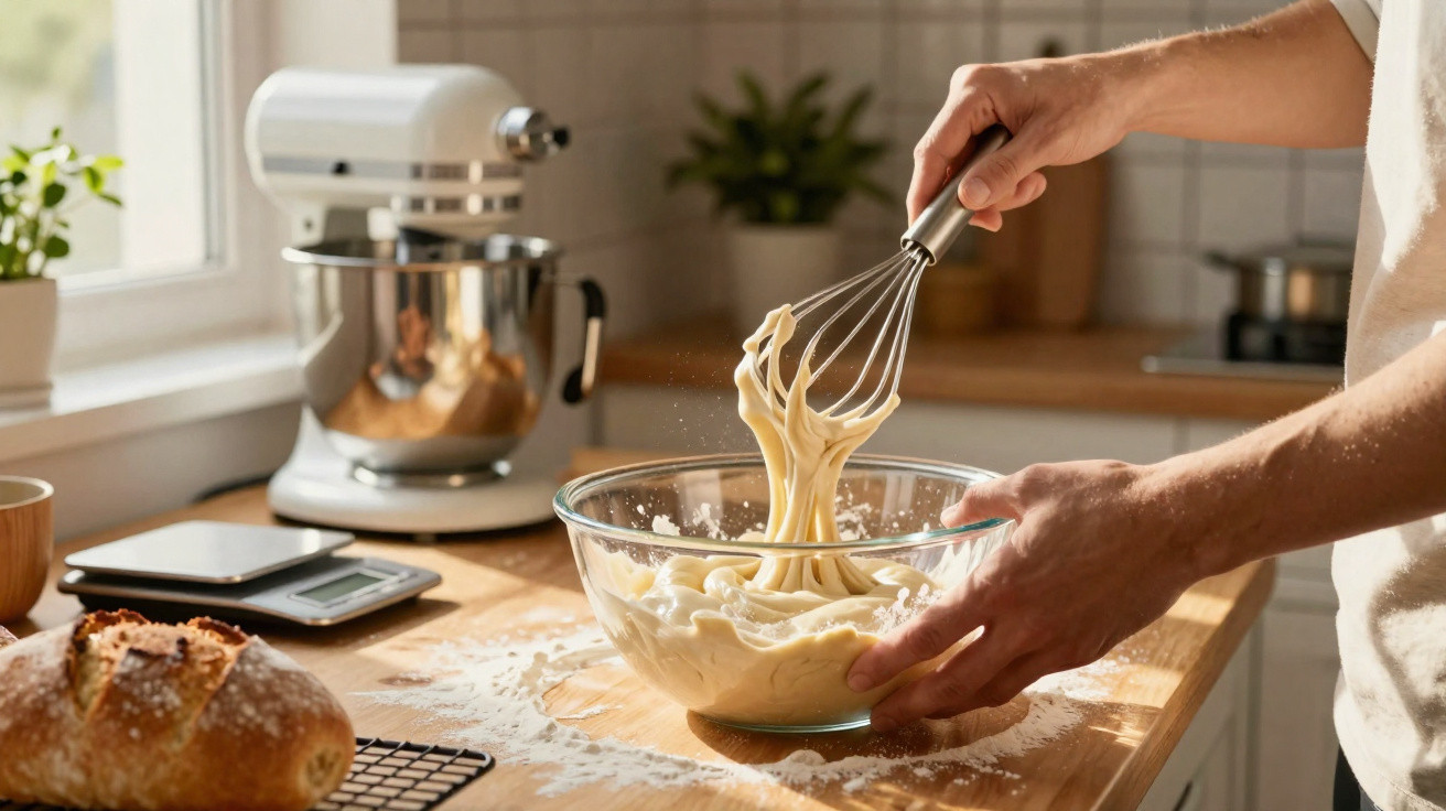 Pessoa a mexer massa numa taça de vidro numa cozinha com pão e utensílios de pastelaria numa bancada de madeira.