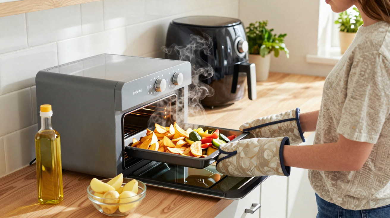 Pessoa a retirar uma assadeira com legumes e batata do forno elétrico na cozinha moderna.
