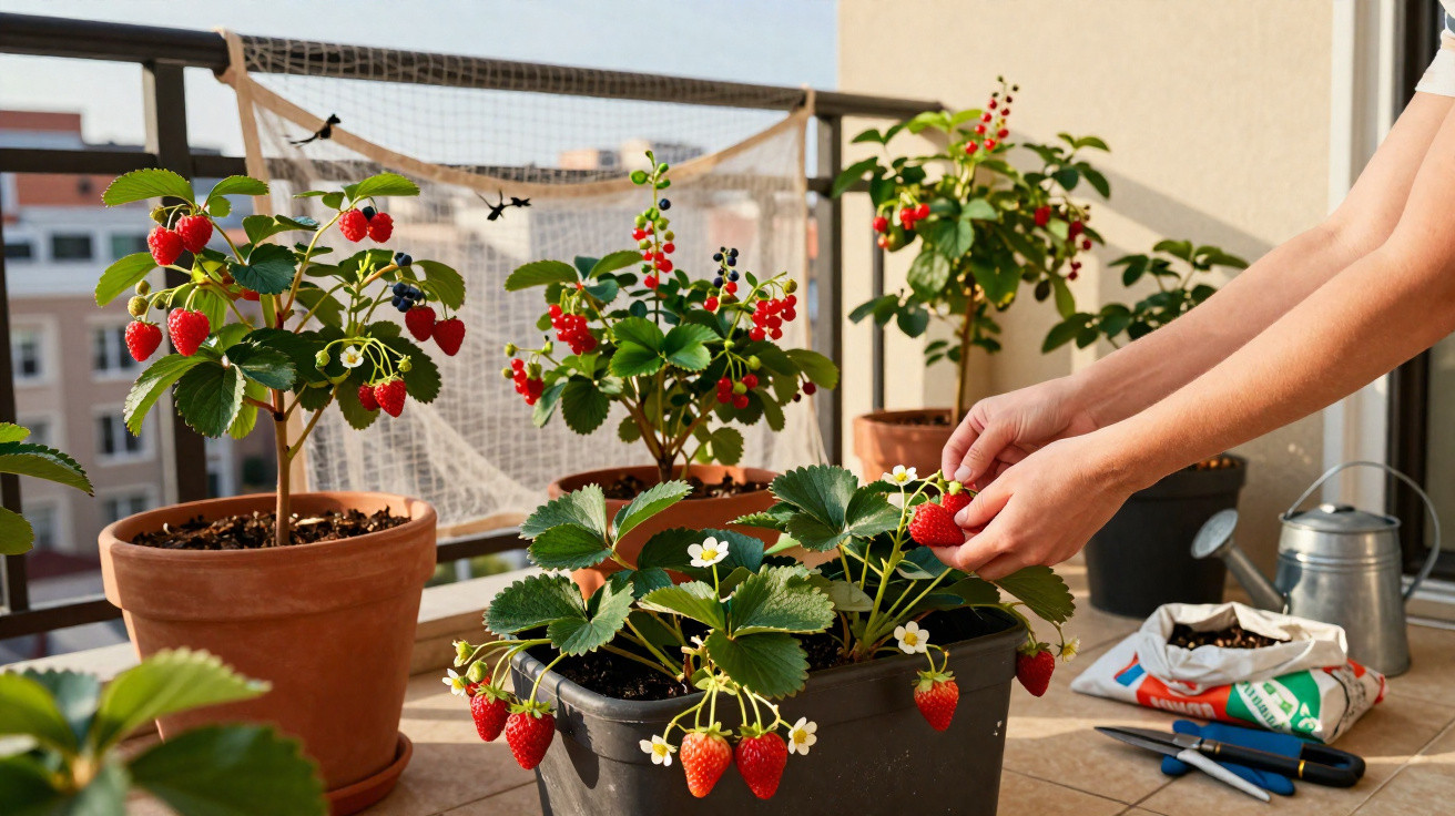 Mãos colhendo morangos maduros em vasos numa varanda com plantas e utensílios de jardinagem.