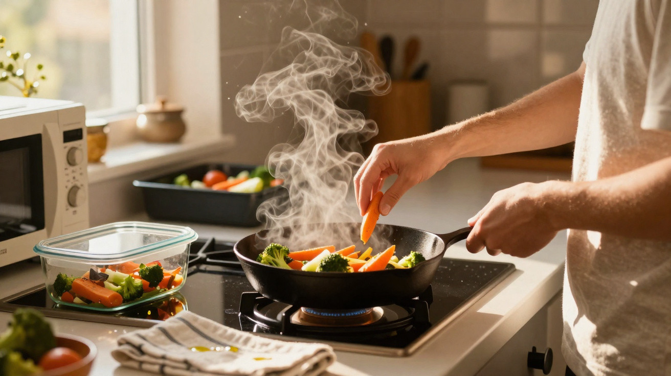 Pessoa a cozinhar legumes numa frigideira num fogão a gás numa cozinha iluminada pela luz natural.