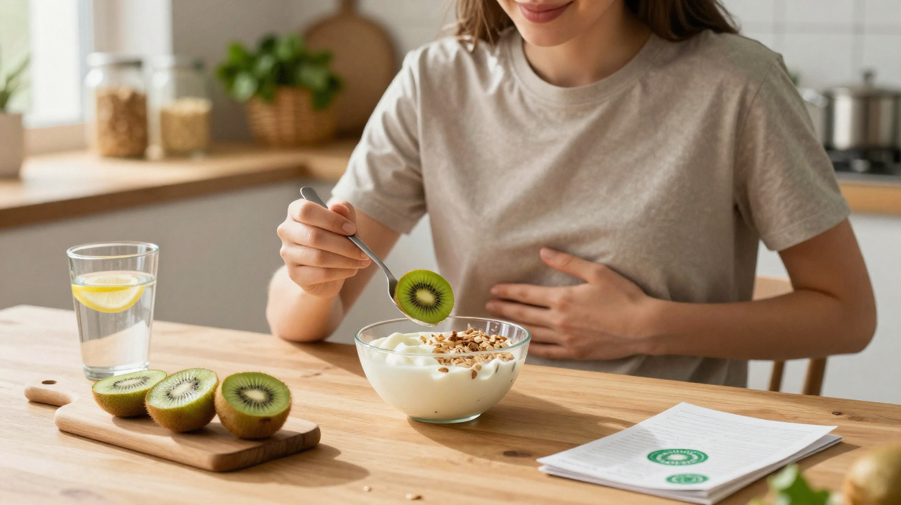 Mulher a comer iogurte com granola e kiwi, sentada numa mesa de cozinha com água e folhas verdes ao fundo.
