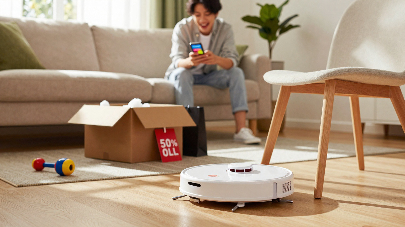 Aspirador robô branco a limpar chão de madeira com pessoa sorridente a usar telemóvel ao fundo.