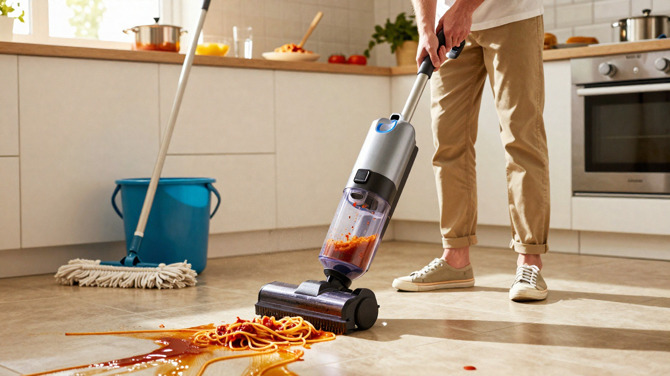 Pessoa a aspirar esparguete derramado no chão de cozinha com aspirador vertical.