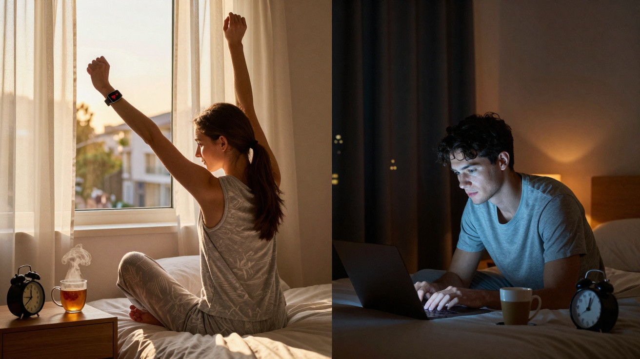 Mulher estica-se ao acordar com luz do dia e homem trabalha no portátil à noite no quarto.