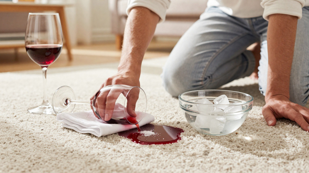 Pessoa a limpar nódoa de vinho tinto derramado num tapete claro com toalha, sal e cubos de gelo numa tigela.