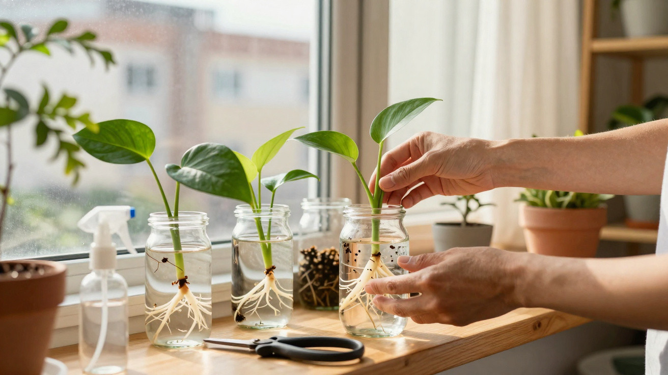 Mãos a cuidar de plantas com raízes em frascos de vidro junto à janela numa mesa de madeira.