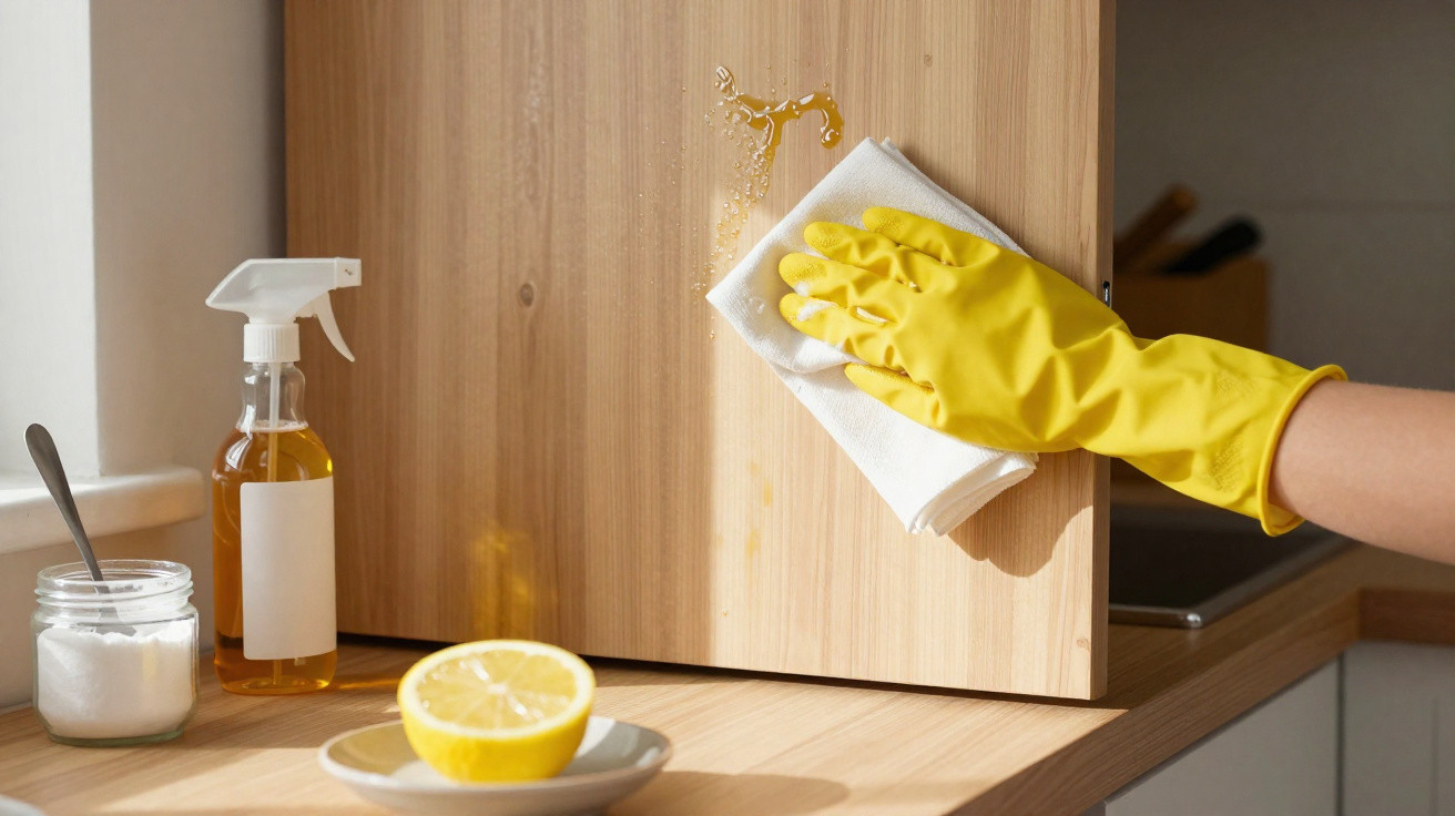 Mão com luva amarela a limpar um móvel de madeira com pano branco e spray de limpeza caseiro.