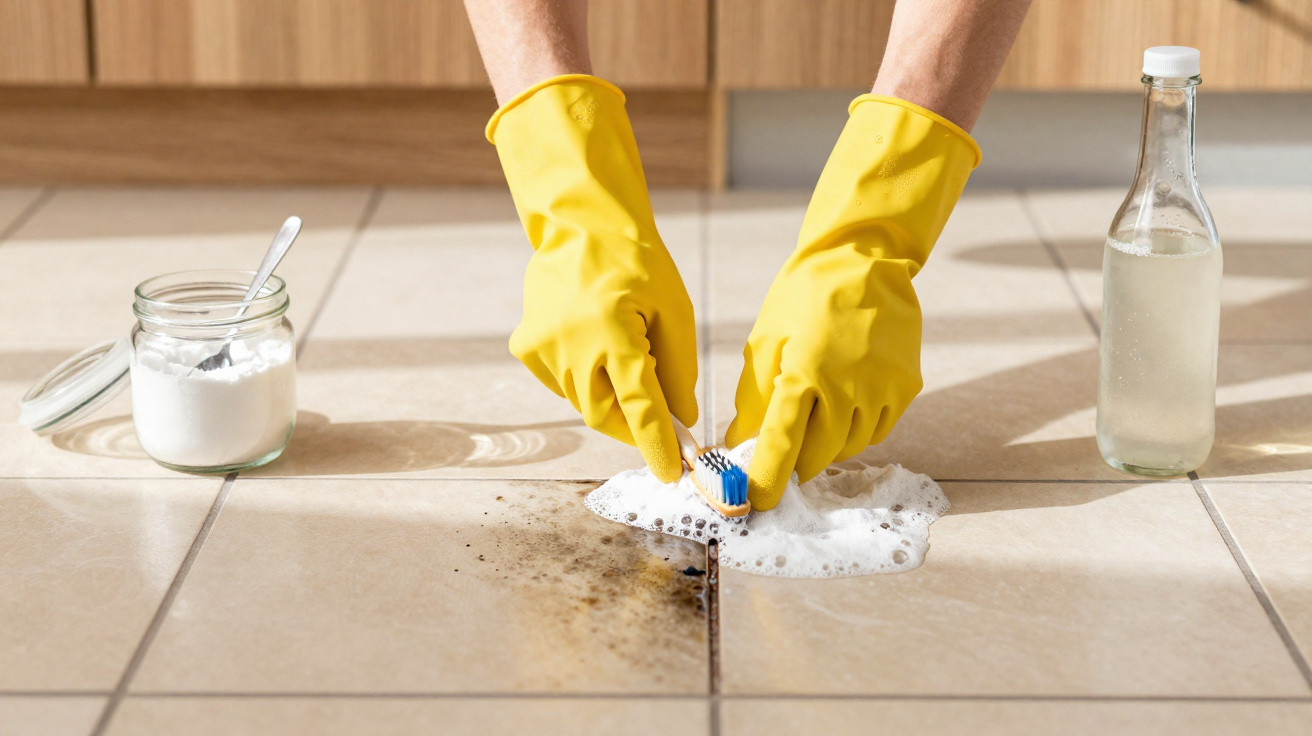Mãos com luvas amarelas limpam chão sujo de azulejos com escova, bicarbonato e vinagre.