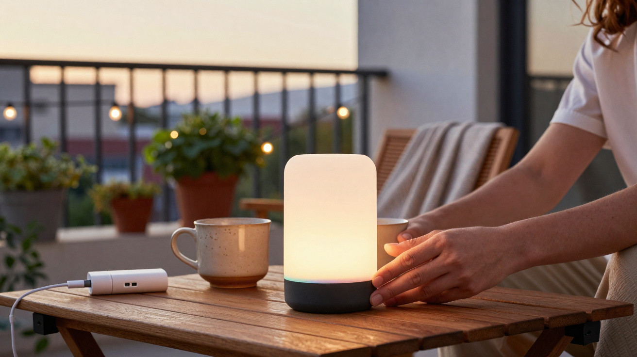 Pessoa ajusta luz ambiente numa mesa de madeira com duas chávenas e plantas ao fundo num terraço.