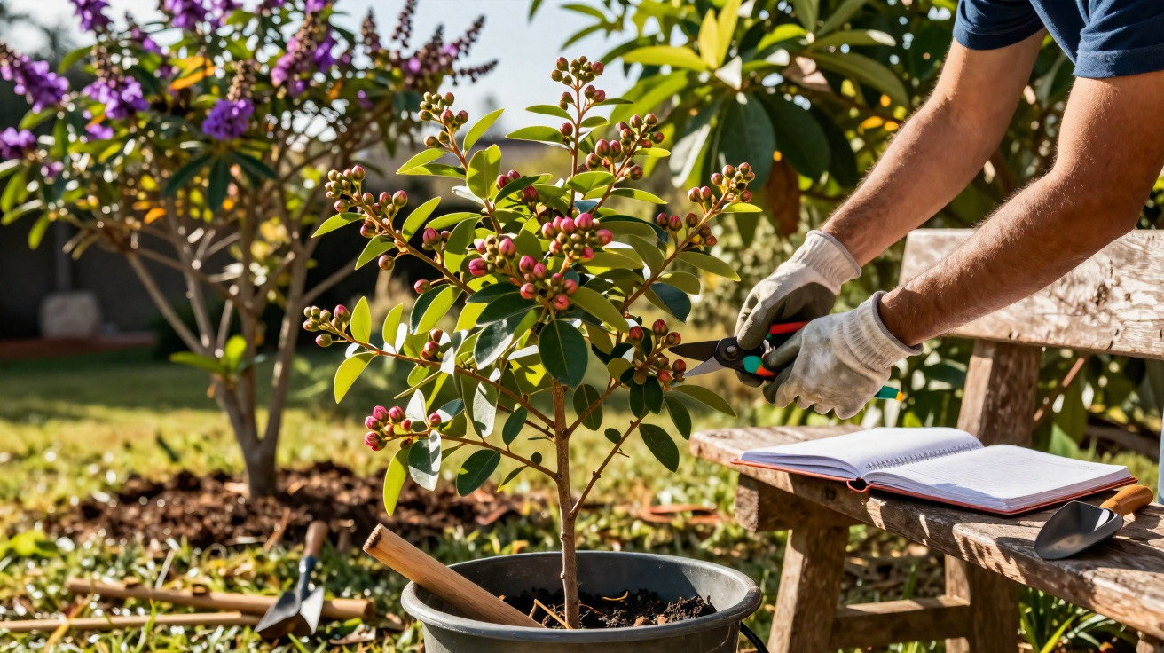 Pessoa a podar uma planta em vaso com luvas num jardim, com livro e ferramentas numa banca de madeira.