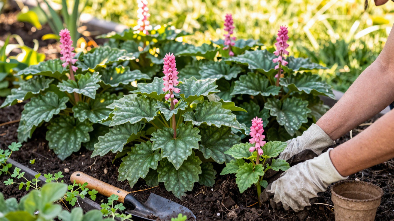 Pessoa a plantar flores cor-de-rosa com folhas verdes numa horta, perto de uma pá de jardim.