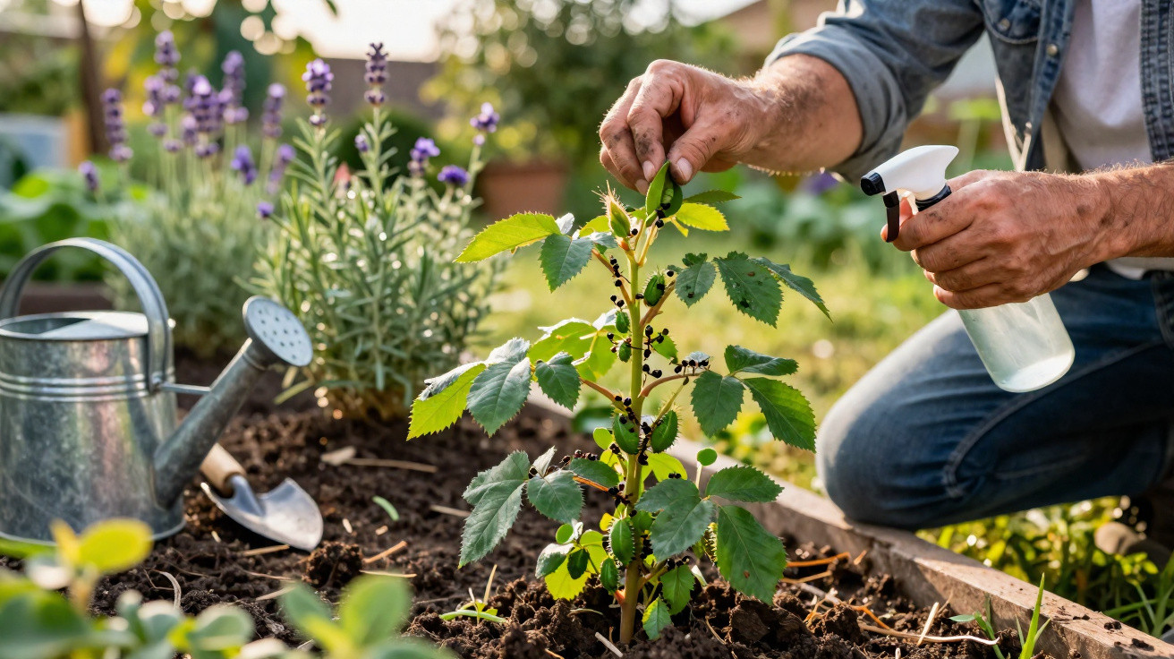 Pessoa a tratar de planta com frutos pretos numa horta, com regador e pá metálica ao lado.