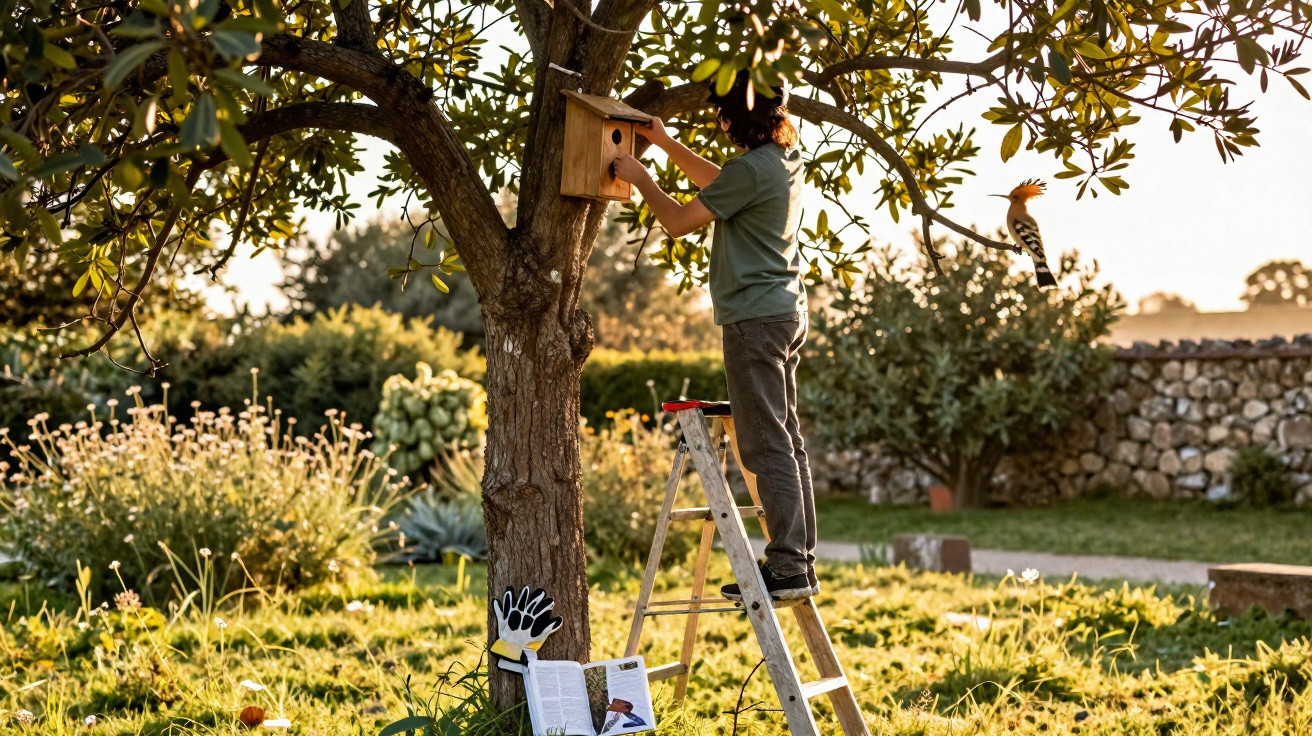 Pessoa em escada a instalar casa de pássaros numa árvore num jardim ao pôr do sol.