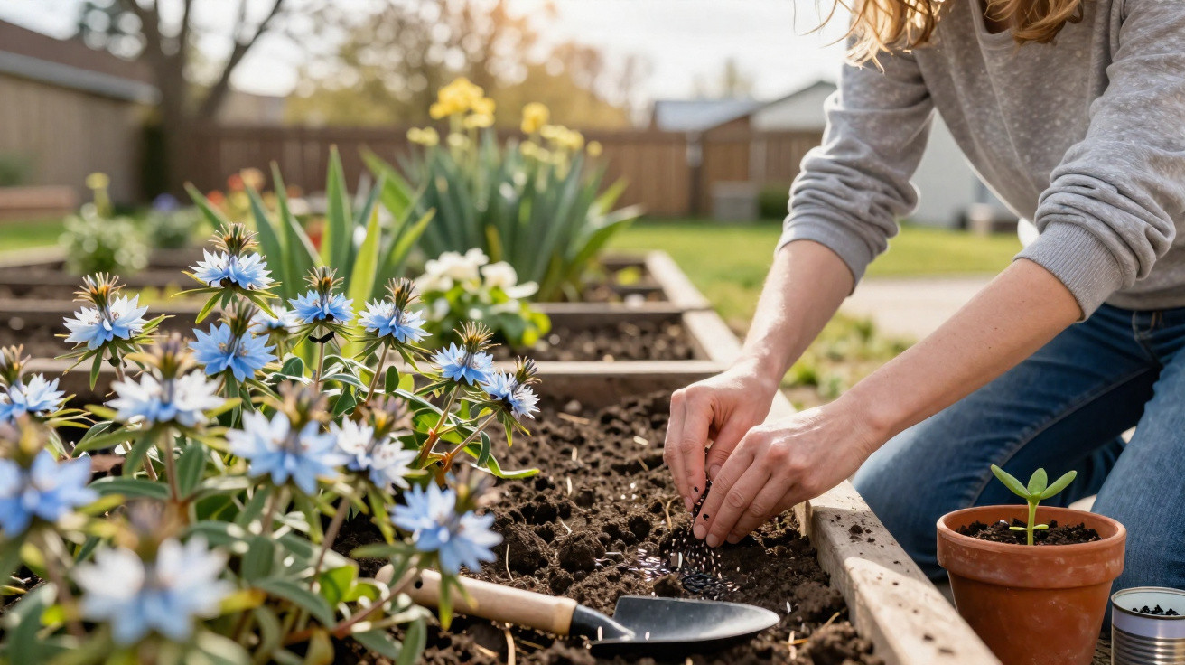 Pessoa a plantar sementes numa horta com flores azuis e ferramenta de jardinagem em destaque.