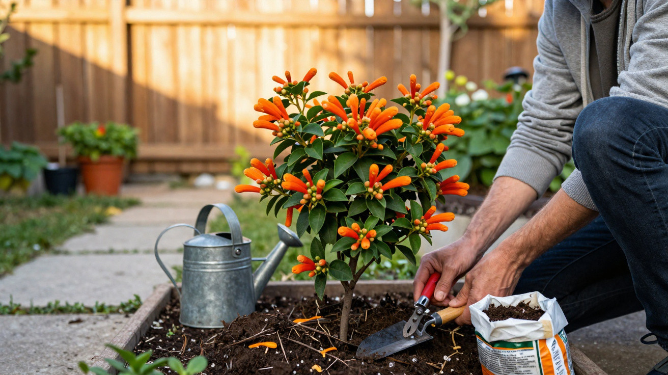 Pessoa a cuidar de planta com flores laranja num jardim com regador e ferramentas de jardinagem.