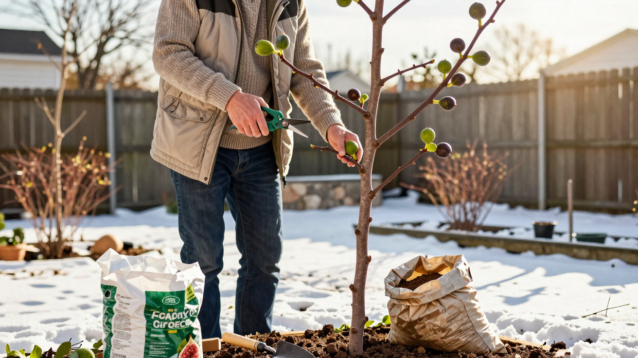 Pessoa a podar uma árvore jovem com frutos num jardim coberto de neve, com ferramentas e sacos próximos.