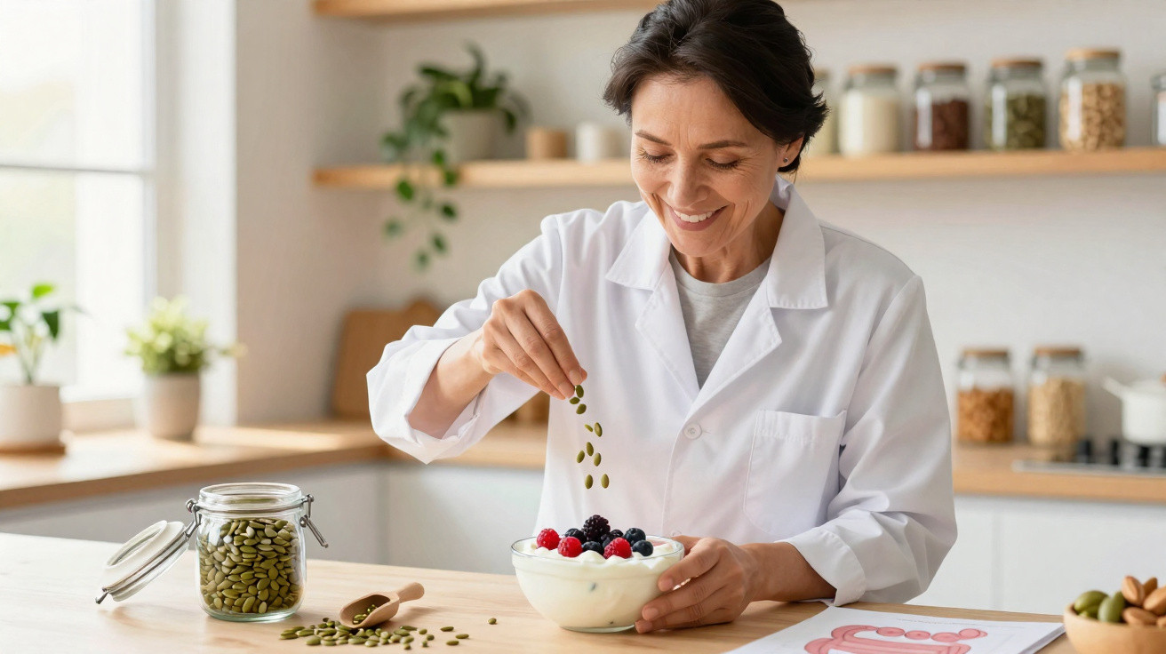 Mulher sorridente a colocar sementes em taça com iogurte e frutos vermelhos numa cozinha luminosa.